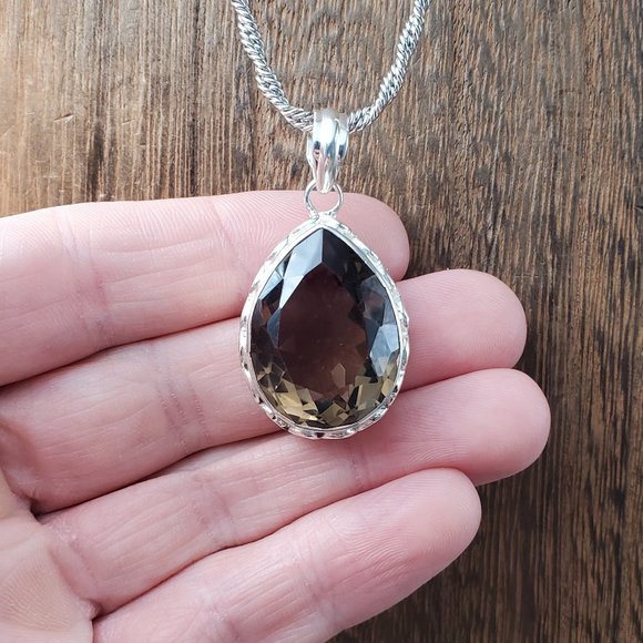 Jewelry - 18 Inch Sterling Silver Large Smokey Quartz Gem Pendant Necklace